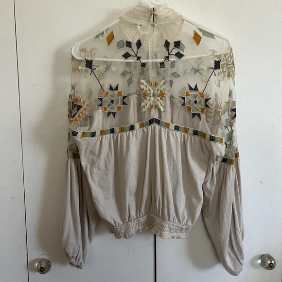 Free People Embroidered Mesh Yoke Cotton & Linen-Blend Top - Picture 4 of 7